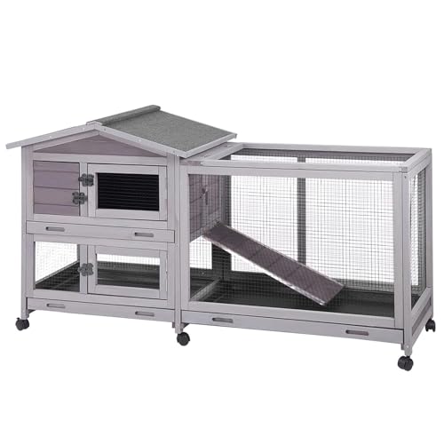 Aivituvin Rabbit Hutch Outdoor Indoor Rabbit Cage Chikcen Coop with Casters Guinea Pig Cage with 3 Deep No Leakage Pull Out Tray,Waterproof Roof - color: Grey