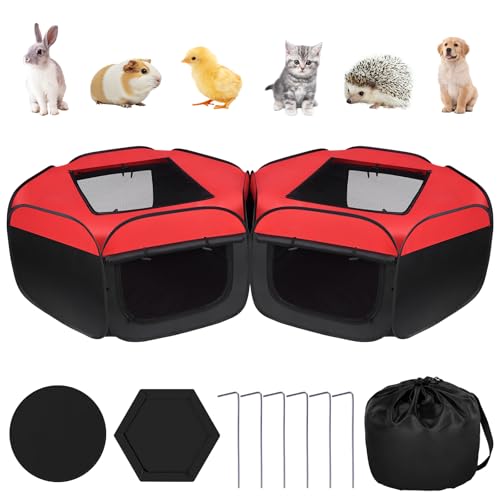 Small Animals Playpen, 2 Pcs Removable Pop-up Chicken Brooder Box with Cover & Zippers, Breathable Foldable Dog Cat Playen Chicken Run Coop Indoor Outdoor for Chick, Rabbits, Kittens, Puppies