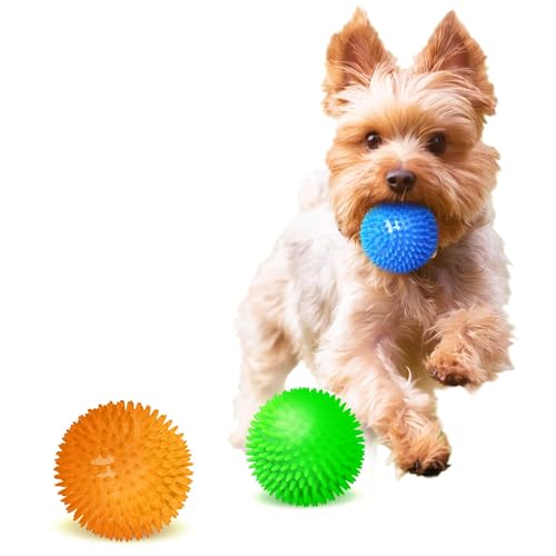 Meric CoCoo 3-Pack Squeaky Dog & Ferret Ball Toys, 2.3", Massage Teeth and Gums, Spikey Cat Rubber Balls, Toss Fetch Squeeky Doggy Balls for Multi-Pet Homes