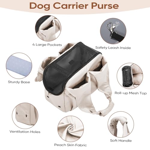 Dog Purse Carrier for Small Dogs, Cats, and Puppies – Soft-Sided Travel Pet Tote Bag with 4 Large Pockets, Foldable, Lightweight, Fits Pets up to 15 lbs, for Travel, Outings (Beige) - color: Beige