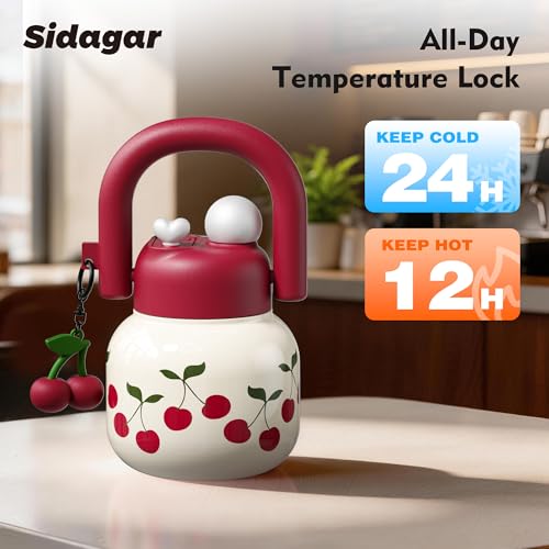 22 oz Insulated Stainless Steel Water Bottle with Handle, Cherry | Cute design with durable 316L stainless steel, dual sip, keeps drinks hot or cold longer, travel and everyday hydration - color: White