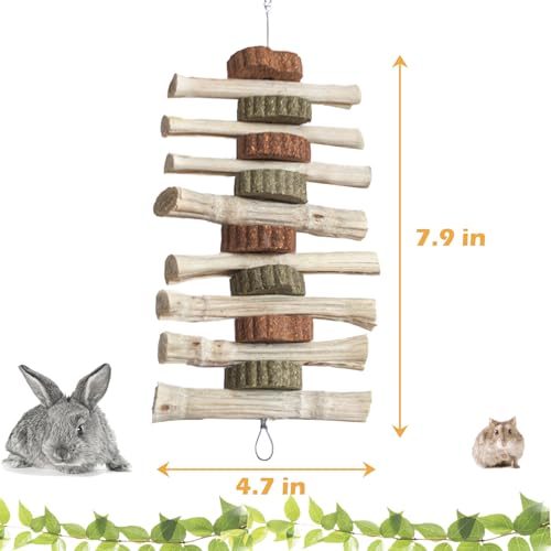 4 PCS Rabbit Chew Toys for Teeth Grinding, Delicious Bunny Cage Hanging Chew Toys, Natural Sweet Bamboo Chew Sticks and Timothy Grass Cake Hay Treats Maintaining Healthy Teeth for Rabbits