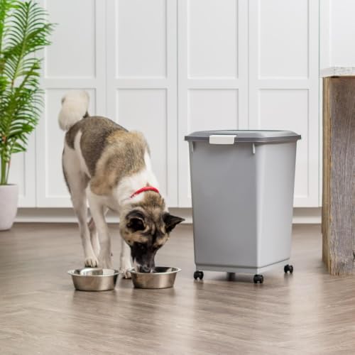 IRIS USA Dog Food Storage Container, Up to 54 lbs, Gray/Dark Gray | Made in USA, Comes with Wheels & 2-Cup Scoop, Airtight Seal, BPA-Free, Bird Seed, Cat food, Cat Litter, Treats, Pellets - color: Gray/Dark Gray, size: 54 lbs