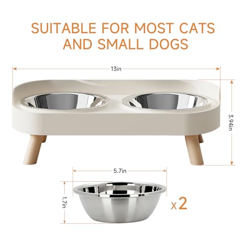 Elevated Cat Bowl, Raised Cat Food and Water Bowl Set for Indoor Cats, Splash Proof with 2 Stainless Steel Pet Food Bowls for Cats and Puppies, Whisker Fatigue and Dishwasher Safe - White - color: Cat Bowls-White