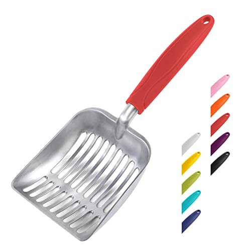 Cat Litter Scoop, Aluminum Alloy Sifter, Kitty Metal Scooper, Deep Shovel, Long Handle, Poop Sifting, Kitten Pooper Lifter, Durable, Heavy Duty, for Litter Box - color: FLAT Aluminum \ #08 Red Handle, size: Small