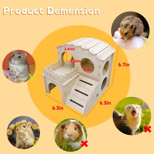 Hamster Wood House Wooden Hamster Hideout Maze Double-Decker Huts with Climbing Ladder for Syrian Dwarf Gerbil Mouse