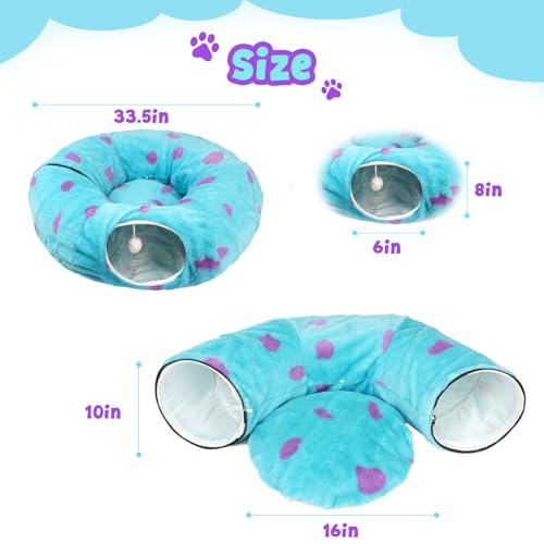 Cat Tunnel Bed for Indoor Cats, Cute Cat Tunnel Toy with Washable Cushion, Fits Cats up to 25 lbs, Peekaboo Cave Pet Bed for Kittens, Rabbits, Blue Purple Donut - color: Blue Purple