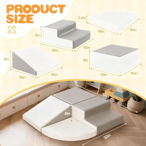 Sumbababy Climbing Foam Blocks for Toddlers: Waterproof Pu Leather Soft Climber - 4 Pcs Toddler Indoor Climbing Toys - Kids Outdoor Playground Playset Best Gift Preschool Daycare Supplies - style: Grey/White