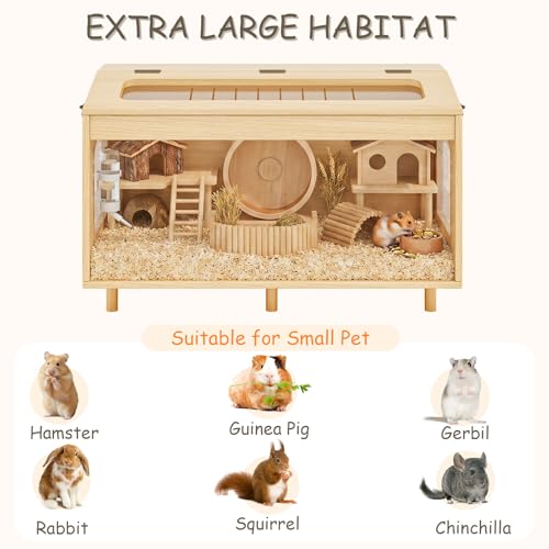 Wooden Hamster Cage, 31.5" Large Small Animal Cage with 19.7" Tall Habitat, Openable Top, Chew-Resistant Acrylic Panels, Wood Enclosure for Gerbil & Guinea Pig (31.5 * 15.75 * 19.7 inch) - size: 31.5"L x 15.8"W x 19.7"H