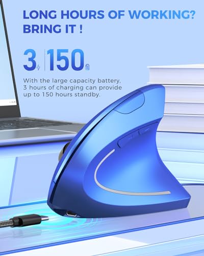Lekvey Ergonomic Mouse, Rechargeable 2.4G USB Vertical Wireless Mouse, Blue | USB-C Charging, Wireless Plug & Play, 800/1200/1600 DPI, Quiet Clicks, 6 Buttons, Reduce Wrist Fatigue, for Laptop, Mac, PC - color: Blue