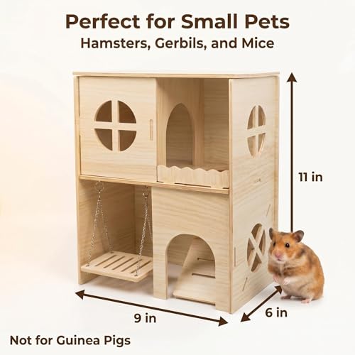 Wooden Hamster Hideout & Cage Accessories - Multi-Chamber Habitat with Swing, Ladder, House and Playground for Climbing - Enrichment Toys for Dwarf Hamster, Gerbil, Mouse, and Small Rodents