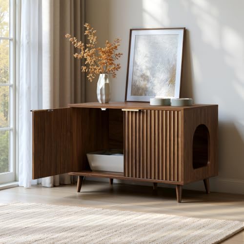 Evermagin 31.5" Cat Litter Box Enclosure Furniture with Legs | Walnut Hidden Litter Box Cabinet, Modern Indoor Cat House, Fluted Kitty End Table for Living Room, Bedroom, Entryway - color: NA Walnut