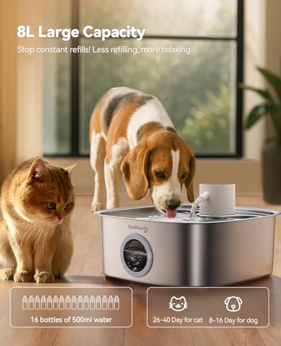 Cordless Wider Tray Dog Water Fountain, 5000mAh Battery Operated Dog Water Bowl Dispenser with 3 Motion Sensor, FEELNEEDY Stainless Steel Pet Water Fountain for Multi-Pets, Easy Setup & Clean, 8L