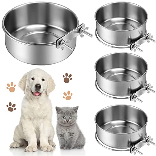 Zopeal 4 Pcs Stainless Steel Dog Bowls No Spill 1 Quart Hanging Dog Crate Water Bowl Cage Puppy Bowls Pet Food Holder for Kennel Large and Medium Dogs Guinea Pig Rabbit Chicken Coop Cup