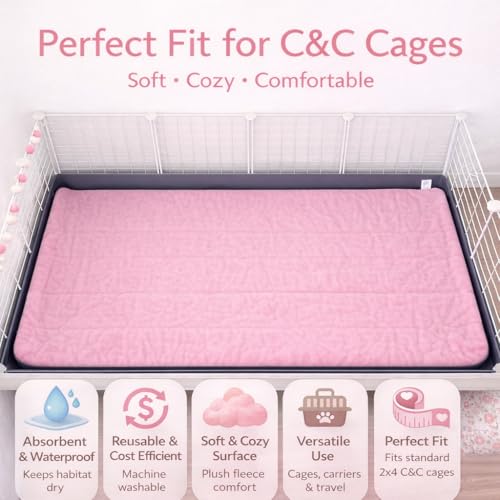 Reusable Guinea Pig C&C Cage Liner – Pink Fleece Bedding with Absorbent Core & Waterproof Bottom – Fits C&C 2x4 Guinea Pig Cages – Ideal for Small Animal Homes (Pink, 2X4 C&C)