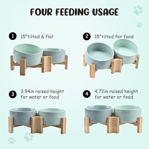 SPUNKYJUNKY 15° Slanted Ceramic Dog and Cat Bowl with Wooden Stand, Tilted Bulldog Food and Water Bowl No Slip Non-Spill for Cats Medium Dogs Big Face Pets 28.7 OZ (3.6 Cups, Morandi Green × 2) - color: Morandi Green, size: 3.6 CUPS × 2