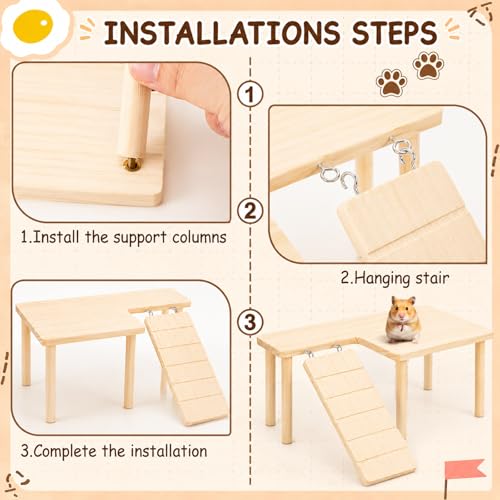 BreezeHug 4 Pcs Hamster Cage Accessories Hamster Platform Hideout Wooden Tunnel Ladder Playhouse Game Climbing Toy with Platform for Pets Dwarf Syrian Mice Degus Gerbils Squirrel(Table) - style: Table