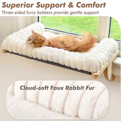 Cloud-Soft Cat Window Sill Perch with Zipper Designed Cushioned Bed, Supportive Cat Window Seat with Premium Solid Wood & Sturdy Metal Frame, Pet Hammock Bed for Large Cats (Medium, White) - color: White, size: Medium(21.7''x15'')