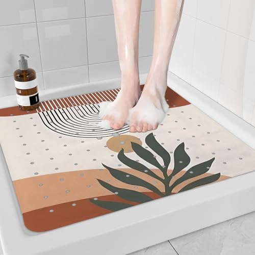Leaves Square Anti Slip Shower Mats for Inside Shower Accessories, Boho Bath Mats for Bathroom Non Slip Shower Floor Mat Decor Rubber Bathmat with Suction and Drain Holes Machine Washable, 21″X21″ - color: B06, size: 21" x 21" (Square)