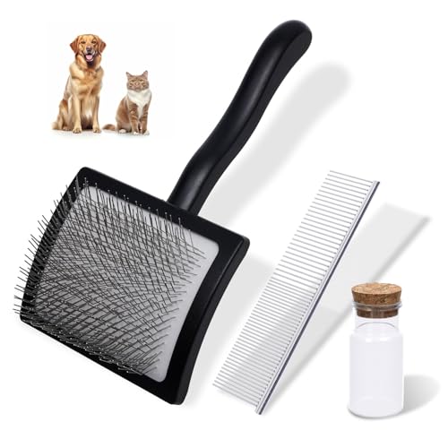 3PCS Slicker Brush for Dogs & Pet Comb,Professional Dog Grooming Brush (Goldendoodles,Poodles,Labradoodles) with Extra Long Pins to Effectively Remove Tangles, Knots,Mats Hair Collection Bottle(Black) - color: Black