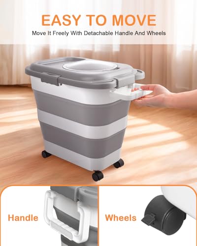 25-28Lbs Dog Food Storage Container Airtight,Collapsible Pet Food Storage | Dog Food Container with Handle,Wheels,Double Airtight Seal Fresh,Save Space,Pest/Mouse-proof,Small Cat Food Container,Scoop - color: Grey/25-28 Lbs