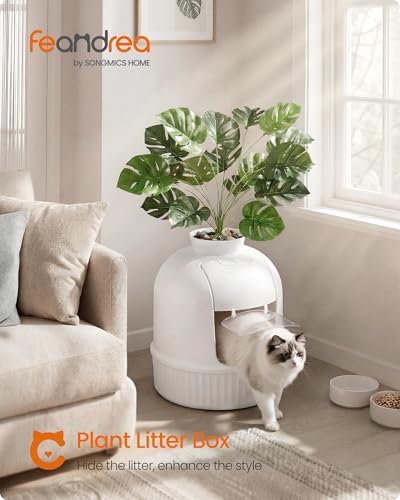Feandrea Plant Cat Litter Box Enclosure with Artificial Plant, Enclosed Hidden Litter Box Furniture with Door, Carbon Filter, Odor Control, Pebbles, Scoop, Brush, Cloud White UPPT006W101 - color: Cloud White
