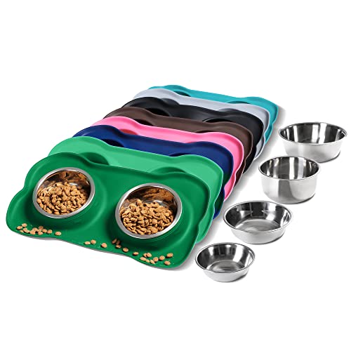 Hubulk Pet Dog Bowls 2 Stainless Steel Dog Bowl with No Spill Non-Skid Silicone Mat + Pet Food Scoop Water and Food Feeder Bowls for Feeding Small Medium Large Dogs Cats Puppies (Small, Hunter Green) - color: Hunter Green, size: Small