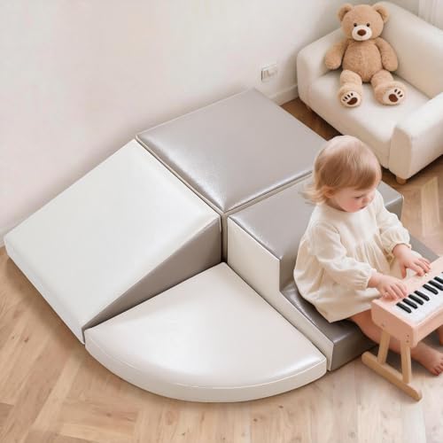 Sumbababy Climbing Foam Blocks for Toddlers: Waterproof Pu Leather Soft Climber - 4 Pcs Toddler Indoor Climbing Toys - Kids Outdoor Playground Playset Best Gift Preschool Daycare Supplies - style: Grey/White