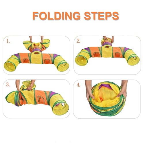 Cat Tunnels for Indoor Cats, Pet Tube Toy with Play Balls | H-4-Way Collapsible Tunnel with Interactive Hole for Kitty, Kitten, Rabbit, Puppy (Rainbow) - color: Rainbow