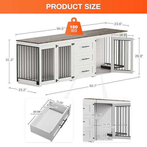 Rophefx 94.5" Dog Crate Furniture for 2 Dogs, Wooden Kennel,White Brown | Indoor double dog house with 3 storage drawers, 4 feeding bowls, lockable doors, and a wide top for large and medium dogs - color: White Brown