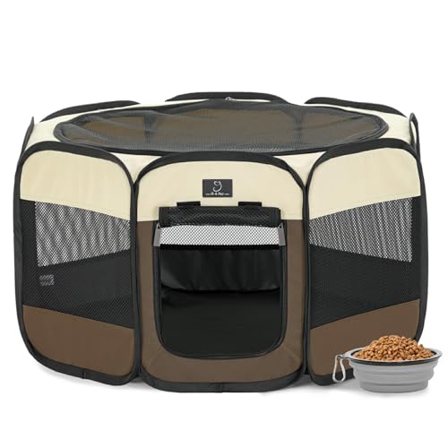 A 4 Pet 30-in Dog Playpen for Small Dogs & Puppies, Brown+Beige | Includes bowl, waterproof floor, pop-up design, home/travel/outdoor use - color: Brown+Beige, size: S(29.92"x29.92"x16.5")