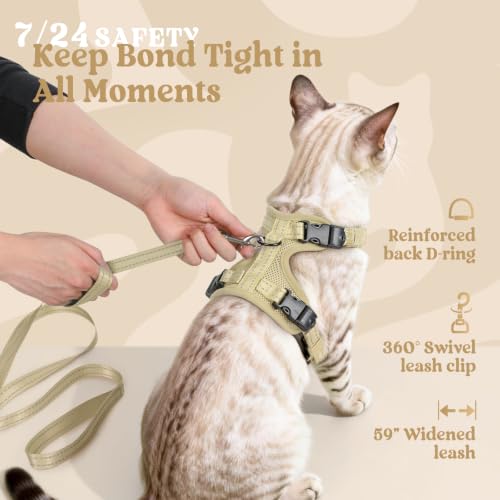 rabbitgoo Cat Harness and Leash Set, Easy-on with Neck Buckle, Cream Coffee | Escape Proof, No Over-the-head, Soft Air Mesh, 3 Lockable Adjusters & Buckles, Reflective, for Kittens & Small Cats Walks, Xs - color: Cream coffee, size: Xs