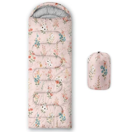 QOOMO Camping Sleeping Bags,3 Season Warm & Cool Weather,Lightweight,Waterproof Sleeping Bags for Adults & Kids,Traveling,and Outdoors,Camping Gear Equipment - color: Pink Floral 4