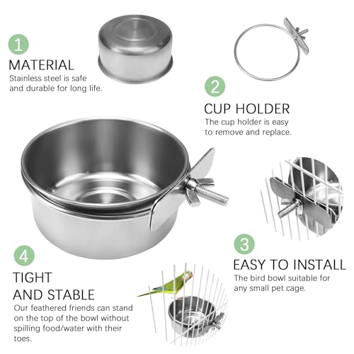 2 Pack Stainless Steel Bird Food Bowls with Clamp - Rust Proof Metal Feeding Cups for Parrot Cage, Easy Clean Water Dish for Cockatiel Conure Budgie Parakeet Small Animal (3.9 Inch, Silver)
