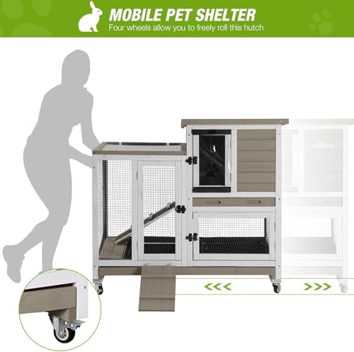 Indoor Outdoor Rabbit Hutch, Bunny Cage on Wheels with 2 Deep No Leakage Pull Out Trays (Mocha Color)