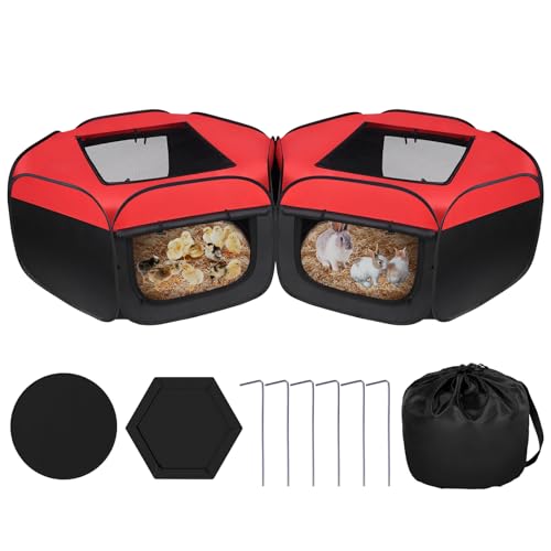 Small Animals Playpen, 2 Pcs Removable Pop-up Chicken Brooder Box with Cover & Zippers, Breathable Foldable Dog Cat Playen Chicken Run Coop Indoor Outdoor for Chick, Rabbits, Kittens, Puppies