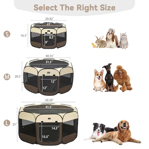 A 4 Pet 50.39-in Dog Playpen, Small Dogs & Puppies, Brown+Beige | Includes bowl, waterproof floor, pop-up design, home/travel/outdoor use - color: Brown+Beige, size: L(50.39"x50.39"x25")