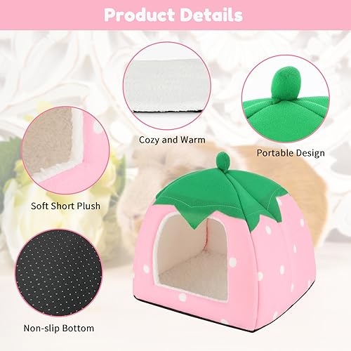 BWOGUE Guinea Pig Bed Hideout, Washable Hamster Cave for Small Animals | Removable Cushion for Cleaning, Warm Fleece Nest, Washable Bed, 10 x 9.8 x 9 in, Dwarf Rabbits Hedgehogs - color: Strawberry Pink
