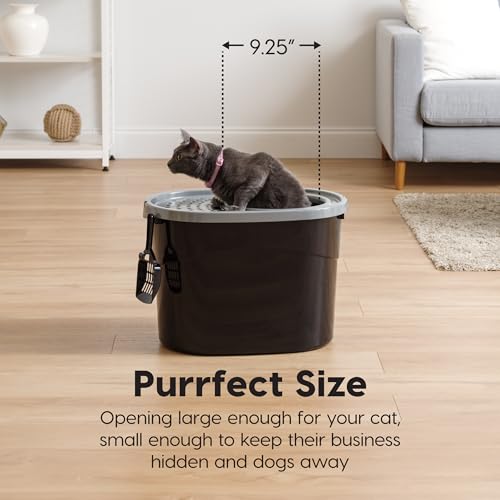 IRIS USA Large Top Entry Cat Litter Box, Hooded Privacy, Black/Gray | Multi-Cat Households, Protected Interior, Enclosed Top Access, Dog Proof Pan, Reduced Tracking, Odor Trapping - color: Black w/ Scoop