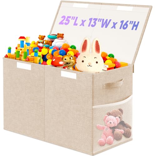 Large Toy Storage Box with Lid, Dividers, Collapsible Kids Toy Chest, Beige | Toy Box for Boys, Girls, Nursery, Bedroom, Living Room, Playroom, 25 x 13 x 16 inches - color: Large Beige
