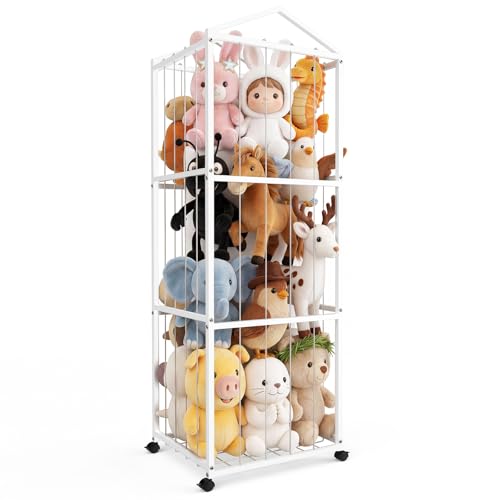 NomNest Stuffed Animal Storage Zoo – Large Metal Plushie Organizer Holds 50+ Toys, Heavy Duty Teddy Bear Toy Holder with Wheels for Bedroom, Playroom, Nursery (White) - color: Pearl White