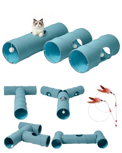 Cat Tunnel, 3 Straight Shaped Tunnels 6 DIY Shapes with Wand Toys, No Noise Scratch Resistant Cool Linen Fabric, Interactive Pet Tunnel Tube for Indoor Cats, Puppy and Rabbits - color: Blue