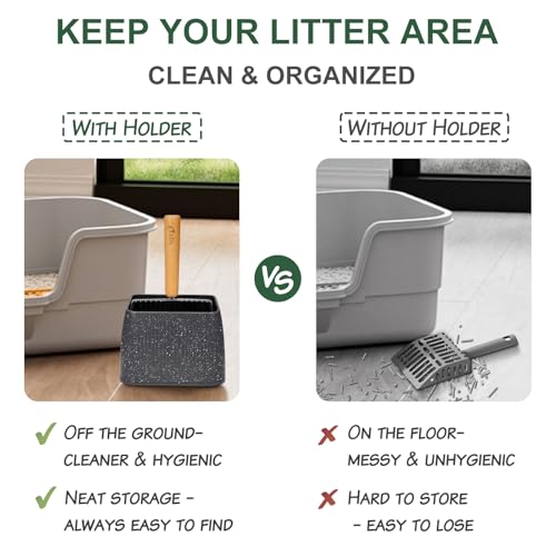 XBX Cat Litter Scoop with Holder, Heavy Duty Litter Sifter, Stainless Steel Litter Shovel, Litter Scooper with Beech Wood Grip and Washable Stand, Perfect for Cat Litter Box Cleaning