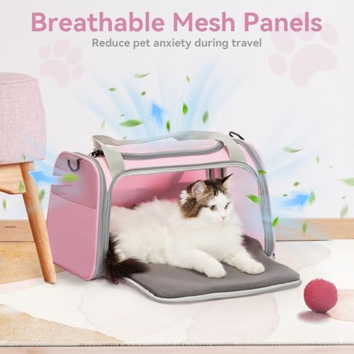 Petsfit Cat Carrier Airline Approved, 17.5×10.5×10.5 in, Pink | Escape-Proof Design with Locking Zippers & Safety Leash, Easy-Access 3-Way Entry, Washable Mat up to 12 lb - color: Pink, size: Medium
