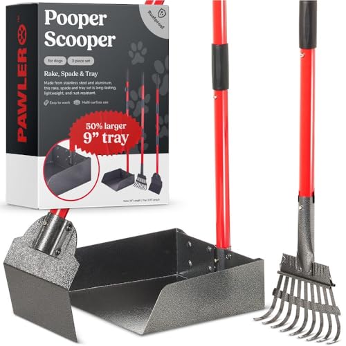 Pooper Scooper for Dogs, Heavy Duty Long Handle Rake, Spade & XL Tray | Rustproof Aluminum Poop Scooper for Large Dogs, 36+" Handles and 9”W 9.5”L Extra Large Tray for Yard, Grass, Dirt & Gravel - color: 3 Piece Set - X Large