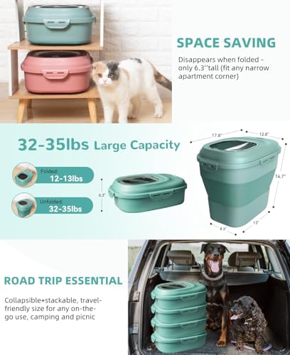 30-35Lbs Dog Food Storage Container Airtight,Collapsible Dog Food Container | Large Pet Food Storage Container with Double Airtight Seal & Magnetic Lid,Cat Food Container with Wheels,2Pcs Container,Scoop - color: Green
