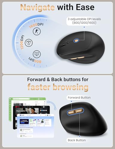 Ergonomic Vertical Wireless Mouse, 57°, Small/Medium Hands, Black | Rechargeable, Quiet Click, 800/1200/1600 DPI, 2.4GHz USB Receiver, Forward/Back Buttons, Computer Mouse for Laptop PC Mac - color: Black