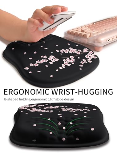 Hokafenle Ergonomic Wrist-hugging Mouse Pad Wrist Support, U-shaped Holding Wrist Rest Mousepad for Carpal Tunnel Pain Relief with Cushioned Memory Foam Slope Massage Bulge (10.2x8.3 in,CherryBlossom) - color: Cherryblossom