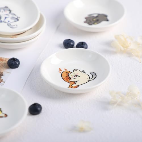 Super Cute Cartoon Animal Ceramic Sauce Dishes, Seasoning Dishes, Little Cat Dog Bird Feeding Bowls, Sushi Soy Dipping Bowls, Appetizer Plates, Dessert Plates, Set of 6-Cats-3.5 Inch