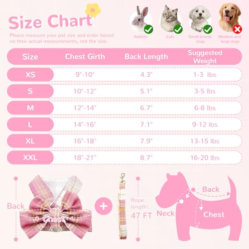 Cute Dog Harness and Leash Set with Bow Tie Soft Mesh Plaid Girl Puppy Harness No Pull Pet Cat Dog Vest Harness for Small Dogs Chihuahua Rabbit Outfit (Pink,XXL) - color: Pink, size: XXL(Chest 18"-21")